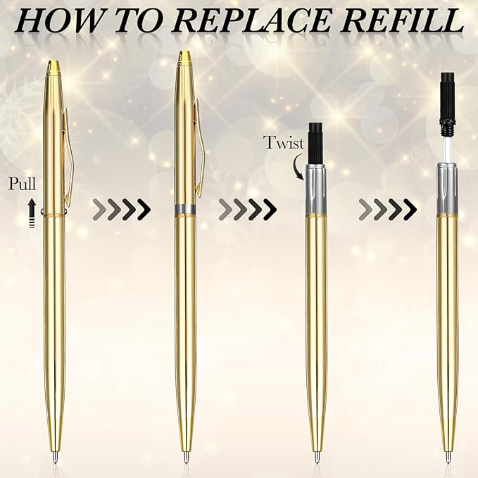 Fuutreo 25 Pack Wedding Gold Pens Bulk Gold Metal Pens Slim Ballpoint Retractable Ballpoint with Black Ink Mini Conical for Wedding Favors Guests, Office Business Teachers,1.0 mm