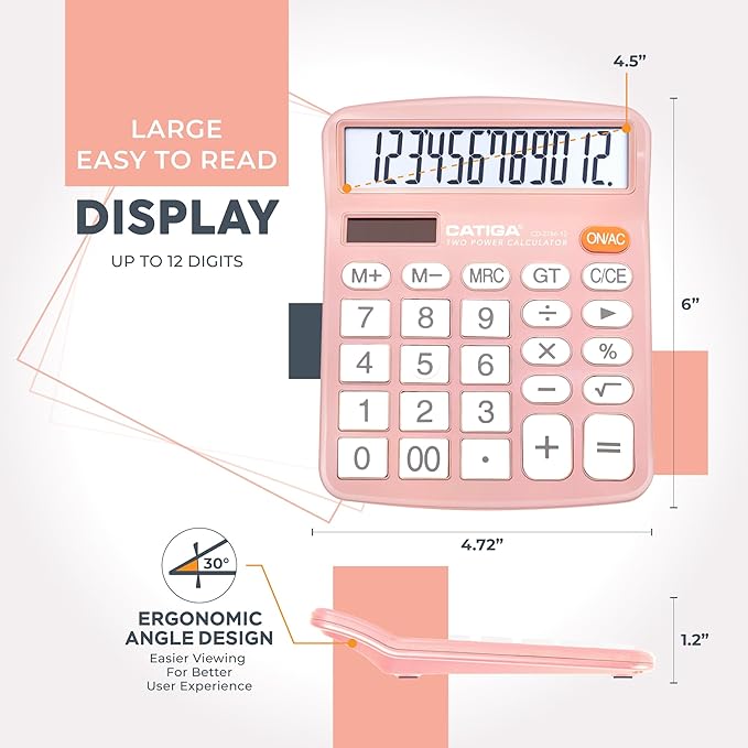 CATIGA 12 Digits Desktop Calculator with Large LCD Display and Sensitive Button, Dual Solar Power and Battery, Standard Function for Office, Home, School, CD-2786(Light Pink)