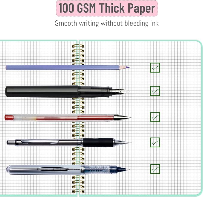 Graph Paper Notebook 8.5" x 11", A4 Mint Green Grid Notebook Journal Hardcover College Ruled Notebook for Work, 120 Pages 100GSM Large Thick Spiral Writing Journal for Women & Men