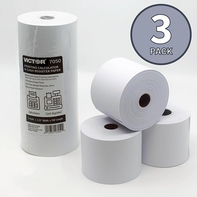 Victor 7050 Compact White Paper Rolls for Handheld and Portable Printing Calculators/Adding Machines/Ink Print Cash Registers 2.25” W x 150' FT (3-Pack)