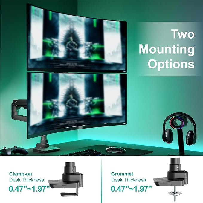WALI Dual Monitor Arm for 17''-49'' Curved Screens, Ultrawide Monitor Mount for Desk, Heavy Duty Monitor Stand Holds up to 44lbs Each Arm, Max 100x100mm Mounting Holes (GSDM002XL), Black