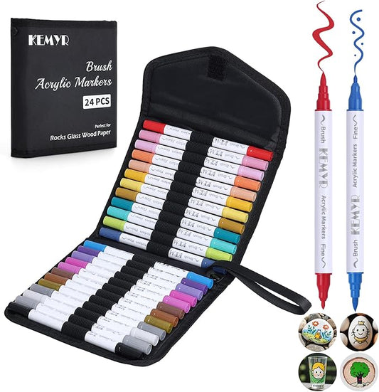 24 Colors Brush & Fine Tip Acrylic Paint Pens, Dual Tip Acrylic Paint Markers for Paper, Wood, Canvas, Stone, Rock, Glass, Fabric, DIY, Ceramic, Art Supplies for Kids and Adults Drawing