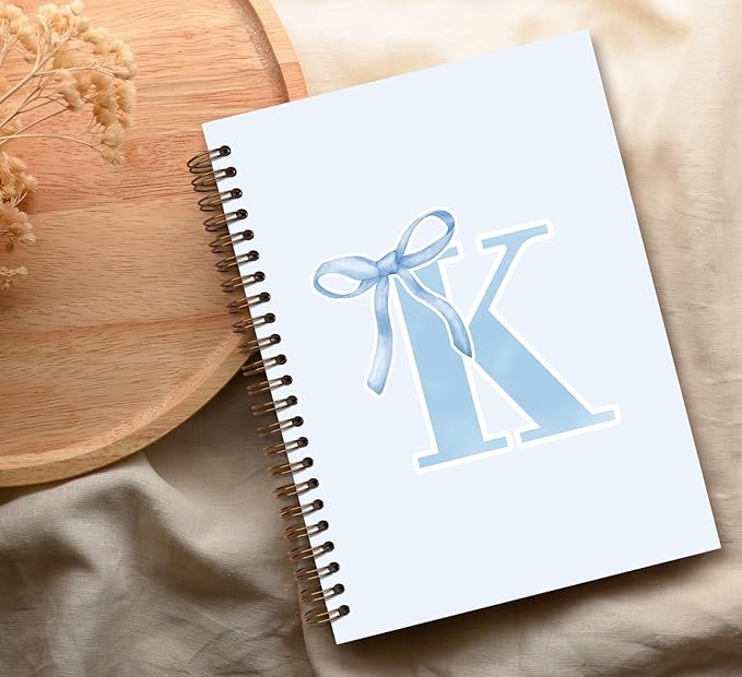 Initial K Notebook Journal,Personalized Teen Girl Gifts,Coquette Trendy Preppy Blue Bow Spiral Notebook,Monogrammed Gifts for Women Teen Girl,College Ruled Hardcover Spiral Notebook 5.5 x 8.3