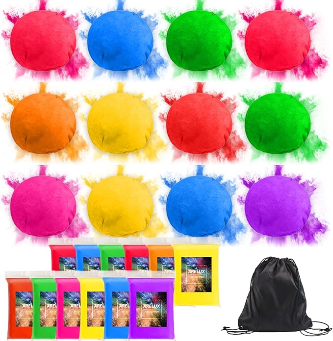 ARELUX Holi Powder Color Run Powder Balls 12 Pack 80g Each Natural, Throwing Balls of Washable Chalk Powder Paint for Color War, Rangoli, Fun Run, Party & Festival
