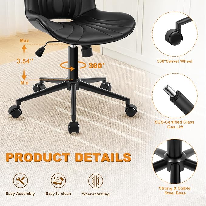 Office Chair, Armless Desk Chair with Wheels, Ergonomic Comfy Home Office Computer Task Chairs, Faux Leather Padded Cute Vanity Chair, Adjustable Height Swivel Chair with Back,Black