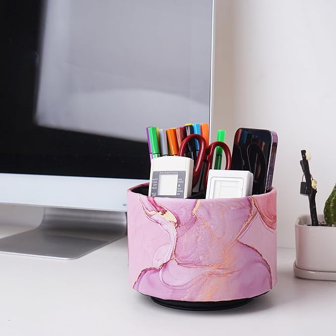 Round Leather Art Supply Organizer,Remote Control Holder,360-degree Rotating Pen Organizer with 4 Compartments(1-Pink Splash Ink)