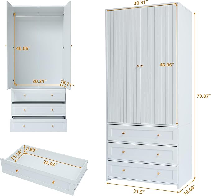 71" Wardrobe Closet Armoire, Wardrobe Armoire Wooden with 2 Doors, 3 Drawers Household Freestanding Wooden Closet Storage Cabinet for Bedroom (White)