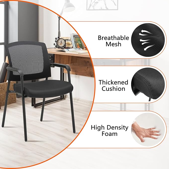 CLATINA Office Reception Guest Chair Mesh Back Stacking with Ergonomic Lumbar Support and Thickened Seat Cushion for Waiting Conference Room Black 2 Pack