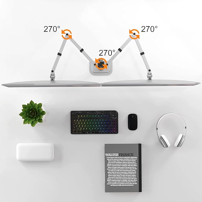 Pholiten Dual Monitor Stand, Heavy Duty Adjustable Monitor Arm Desk Mount for 2 Screens up to 38Inches, Tilt, Swivel, Rotate, Supports Tilt, Swivel, Rotate, Supports 22 lbs per Arm,Silver