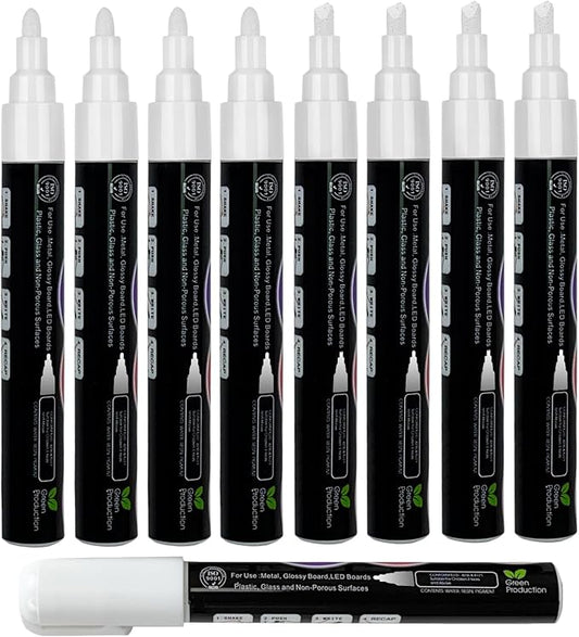 White Liquid Chalk Markers Set (8 Pack), 6mm Reversible Thick & Chisel Tip, Wet Erase Paint Pens for Non Porous Blackboard Chalkboard, Car Glass Windows, School Business Supplies