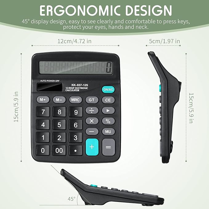 Konohan 8 Pieces 12-Digit Calculator, Solar Basic Desktop Calculator Large Display Electronic Dual Power Handheld for Home Office School(Black)