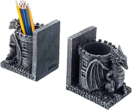 MyGift Gothic Black Resin Dragon Guarding Castle Pencil Cup Bookends, Office Desk Book Ends with Decorative Fantasy Dragons and Stone Tower Pen Holders, 1 Pair