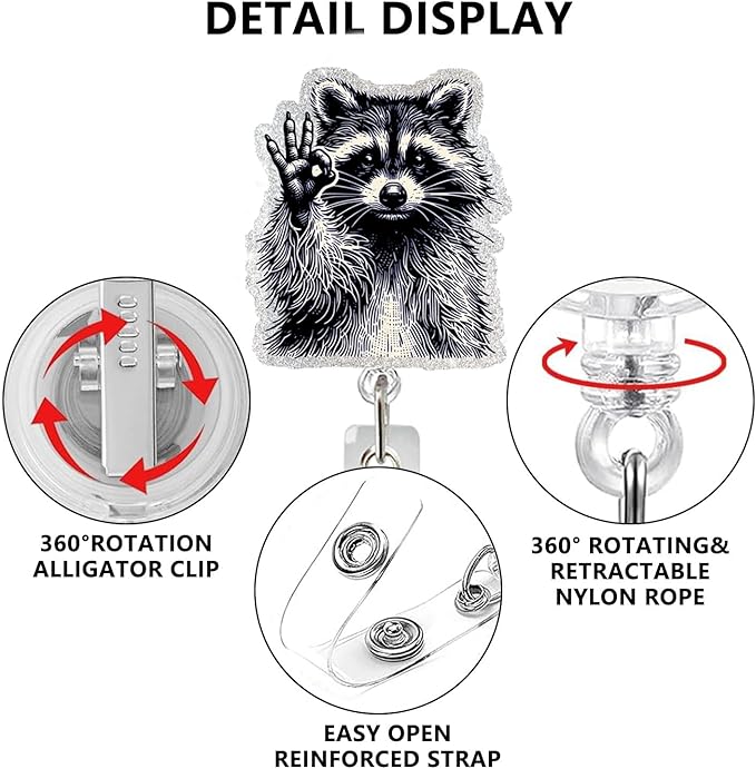 Raccoon ID Badge Reel Holder Retractable Medical Badge Reels Designs Cute and Funny Racoon OK Gesture Shirt Badge Clip Holders for Teacher Doctor Office Retractable Nursing Social Worker Accessories