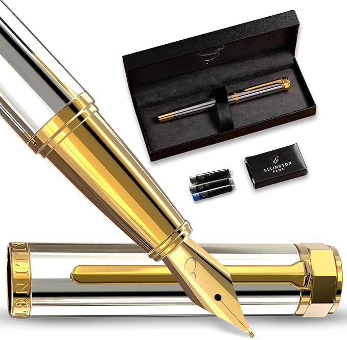 Luxury Fountain Pen Set- Fountain Pens for Writing - Smooth Medium Nib - Includes Refillable Ink Converter, 3 Ink Cartridges [Black & Blue], Gift Box - Elegant Calligraphy