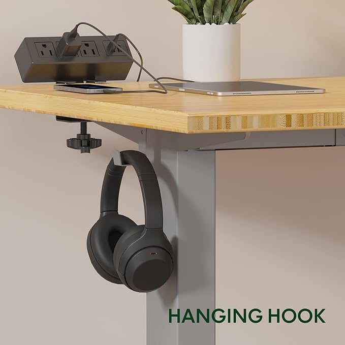 FLEXISPOT EN2 Whole-Piece Bamboo Standing Desk with Clamp Power Strip, 55 x 28 Electric Stand Up Height Adjustable Desk with Cable Management (Grey Frame + 55" Bamboo Top, 2 Packages)
