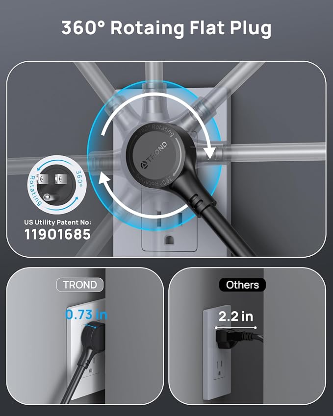 TROND Surge Protector Power Strip, 360° Rotating Flat Plug, 13AC Widely Spaced Outlets Expansion with USB C Port, 4000 Joules, 5ft Extension Cord Heavy Duty, Wall Mount, Under Desk, ETL Listed, Black