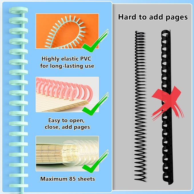 Binding Spines/Coils/Combs Easy to Open Close Adding Pages for Binding Machine Worklion,26pcs，Diameter 1/2"， 30 Ring， Maximum 85 Sheets， Multicolor Trimmable Binding Combs
