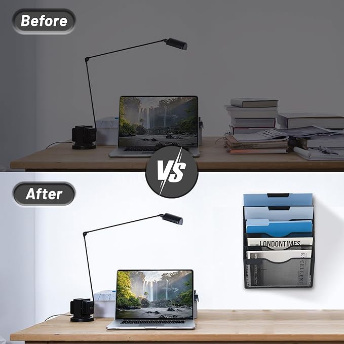 EASEPRES 5 Pocket Mesh Hanging Wall File Organizer, Wall Mounted Mail Paper Document Folder Holder, Clipboard Storage Organization Magazine Rack with Nametag Label for Office Home School, Black