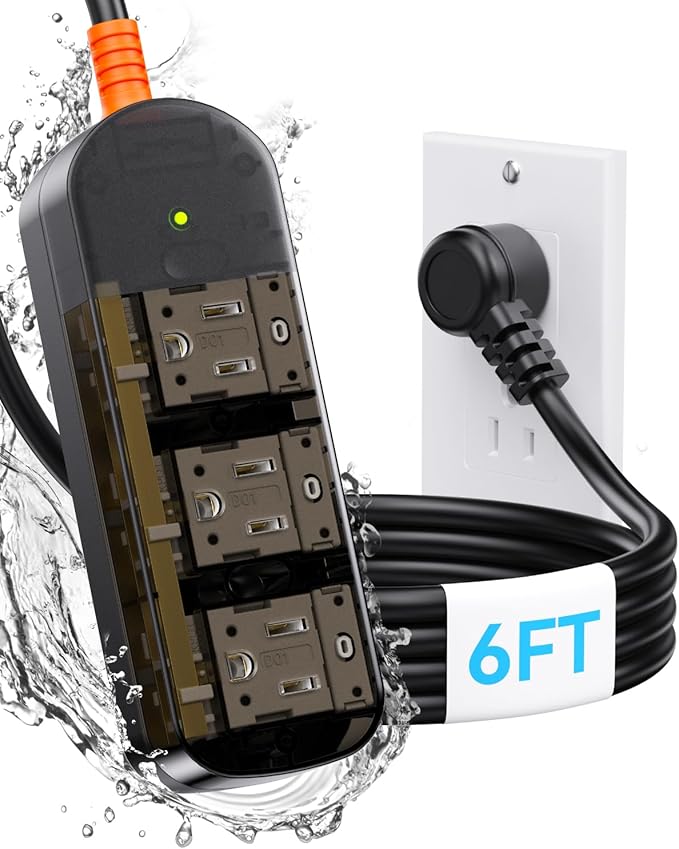 IPX6 Outdoor Power Strip Weatherproof, Surge Protector with 6FT Extension Cord 3 Outlets, Waterproof Power Strip 1875W Overload Protection for Kitchen Patio Christmas Lights, Clear Black