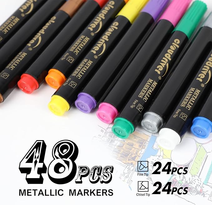 cloudriver Metallic Marker Pens, 48 Count, 12 Assorted Colors, Fine and Chisel Tip, Metallic Marker Pens For Black Paper, Art Rock Painting, Easter Egg, Card Making, Scrapbook Crafts