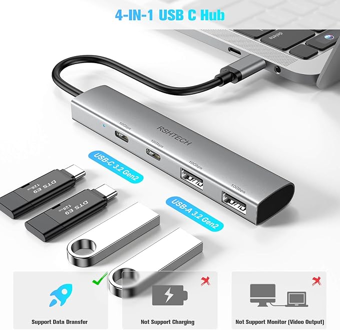 RSHTECH 4 Ports USB C 3.1/3.2 Gen 2 Hub 10Gbps with 2 USB-C and 2 USB-A Data Ports, Portable Aluminum USB Splitter for Laptop, MacBook Pro, and More Type C Devices, Gray, RSH-RX05