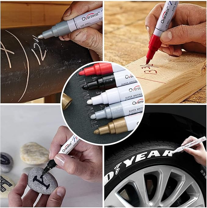 Overseas Paint Marker Pens - 5 Pack Permanent Oil Based Paint Markers, Metallic, Medium Tip, Quick Drying, Waterproof, Assorted Colors Marker for Metal, Rock, Wood, Plastic, Canvas, Glass, Rubber