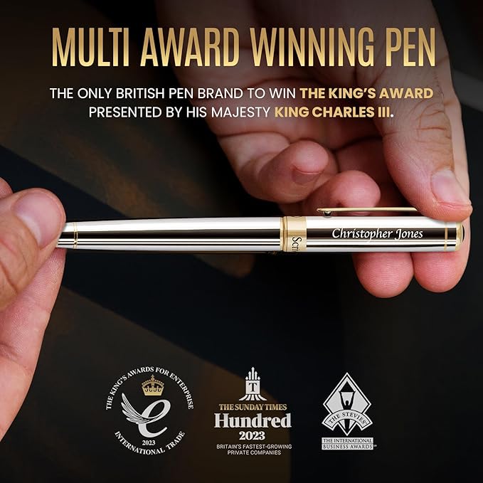 Scriveiner Personalized Silver Chrome Rollerball Pen - Stunning Luxury Pen, Real Gold Plating, Schmidt Ink Refill, Best Engraved Roller Ball Gift Set for Men & Women, Custom Name Engraving