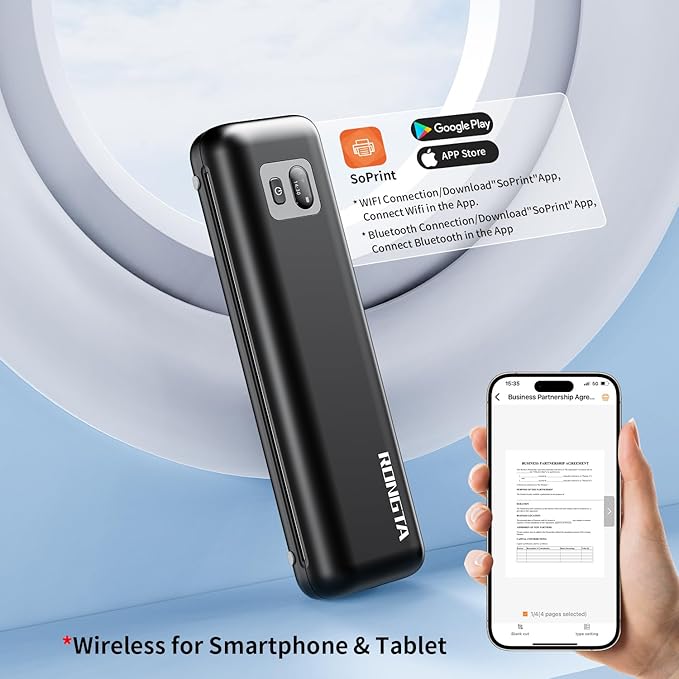 Rongta Portable Printers Wireless for Travel, 300DPI WiFi & Bluetooth Mobile Thermal Inkless Printer for School/Office/Home Use, Compatible with Android,iOS & Laptop,Black (F82)