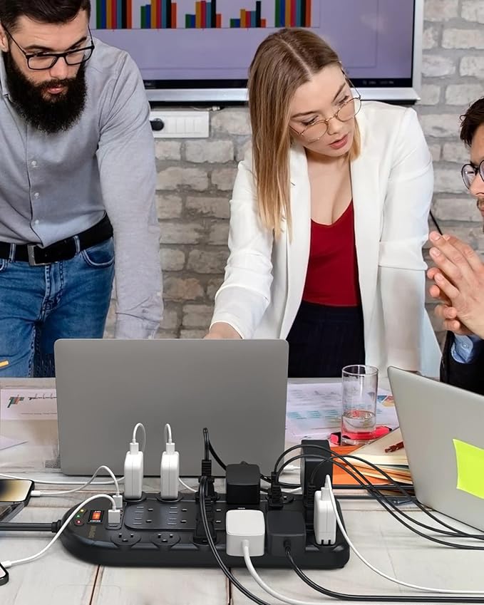 Power Strip, 24 AC Outlets (1875W/15A) with 6 USBs (2 USB-C Ports), ETL Listed, Surge Protector (3,400 Joules), 8 Ft Heavy Duty Flat Plug Extension Cord, Wall Mountable for Home, Office, Black