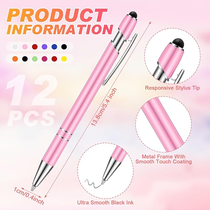 Tenare 12 Pieces 2 in 1 Stylus Metal Ballpoint Pen with Stylus Tip, 1.0 mm Black Ink Ballpoint Pen for Touch Screens(Assorted Color)