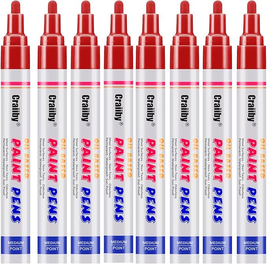 Red Paint Markers, 8 Pack Oil-Based Waterproof Quick Dry Permanent Paint Pen Set for Rocks Painting, Wood, Fabric, Plastic, Canvas, Glass, Mugs, Metal, Tire, Stone, DIY Craft