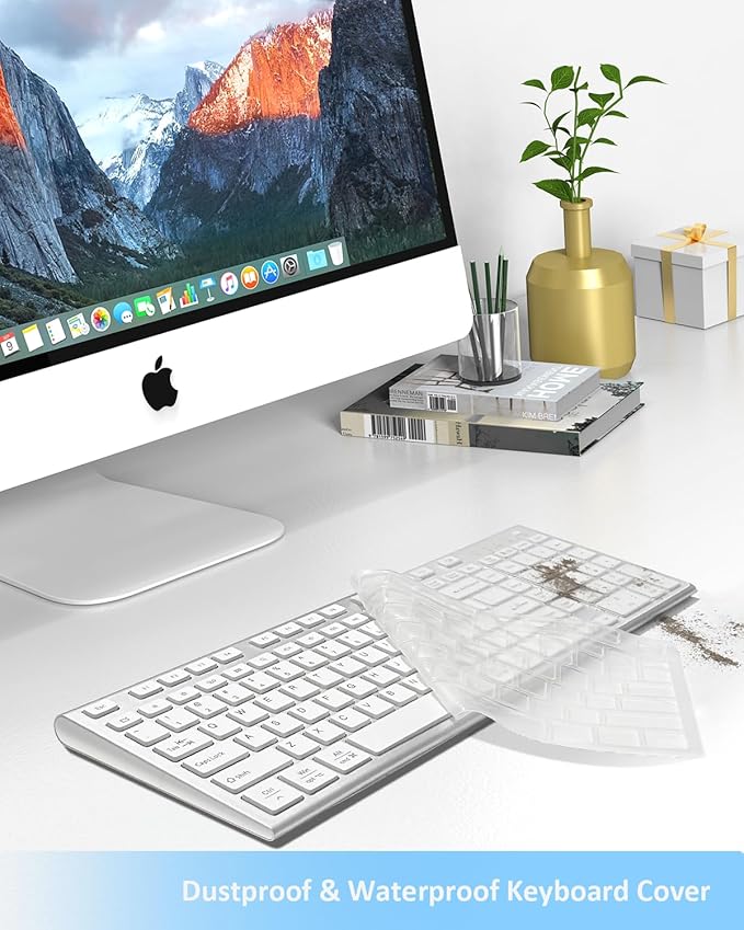 FENIFOX Wireless Keyboard, Bluetooth + USB Ergonomic Silent Quiet Rechargeable with Number Pad Compact Full Size Multi Device Keyboards for iPad Tablet Mac Computer Surface PC MacBook Laptop Silver