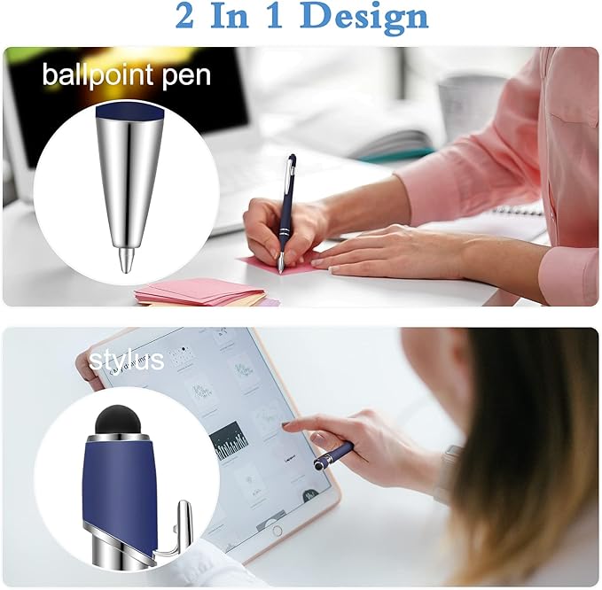 Tenare 12 Pieces 2 in 1 Stylus Metal Ballpoint Pen with Stylus Tip, 1.0 mm Black Ink Ballpoint Pen for Touch Screens(Dark Blue)