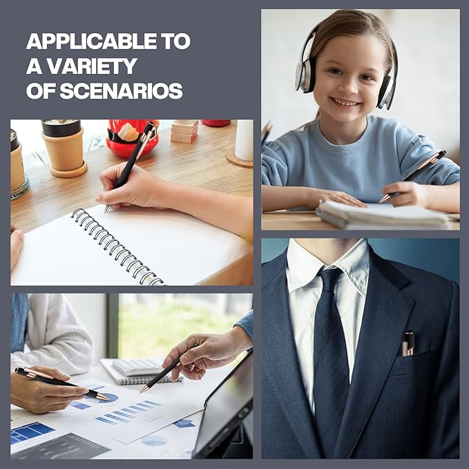 8 Pieces Ballpoint Pen with Stylus Tip Black Ink 2 in 1 Stylus Metal 1.0 mm Medium Point Smooth Pen Rainbow Colorful Rubberized Ballpoint for Touch Screen Tablet(Rose Gold, Black)