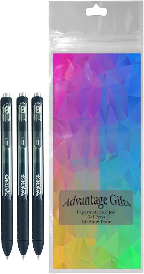 Paper Mate InkJoy Gel Pens, Black Ink, Medium Point (0.7mm), 3 Count, Bundle with Plastic Reusable Pouch