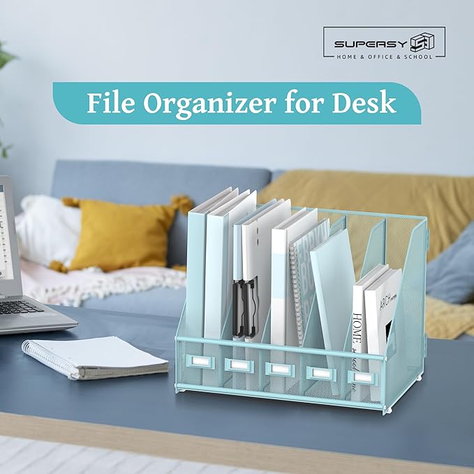 SUPEASY Desk Organizers Metal Desk Magazine File Holder with 5 Vertical Compartments Rack File Organizer for Office Desktop, Home Workspace, Blue