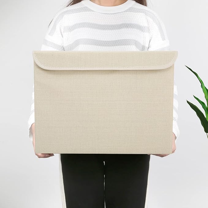 Large 42 Quarts Collapsible Stackable Storage Bins Cube with Lids [3-Pack] Foldable Fabric Linen Storage Boxes, Closet Organizer Baskets with Label for Home (16.7 x 12 x 12", Beige)