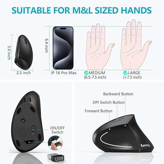 Lekvey Ergonomic Mouse, Vertical Wireless Mouse - Rechargeable 2.4GHz Optical Vertical Mice : 3 Adjustable DPI 800/1200/1600 Levels 6 Buttons, for Laptop, PC, Computer, Desktop, Notebook etc, Black