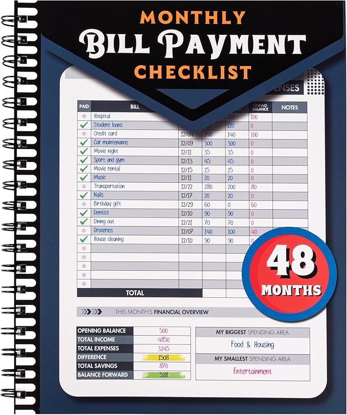 Monthly Bill Payment Checklist: Bill Tracker Notebook With Spiral Binding 8"x10" The 4-Year Guide for Families & Money Managers, 960 Billing Records Included (Blue)