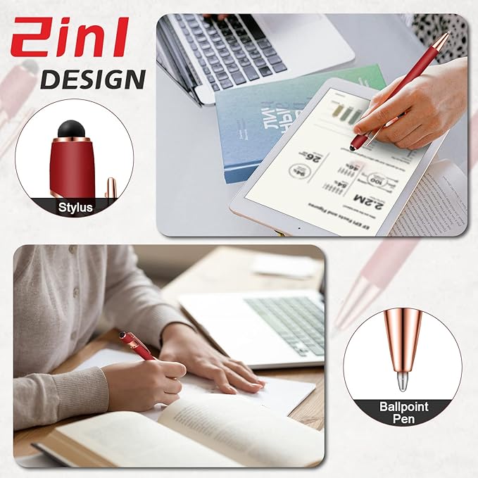 Tenare 12 Pieces 2 in 1 Stylus Metal Ballpoint Pen with Stylus Tip, 1.0 mm Black Ink Ballpoint Pen for Touch Screens(Wine Red and Rose Gold)