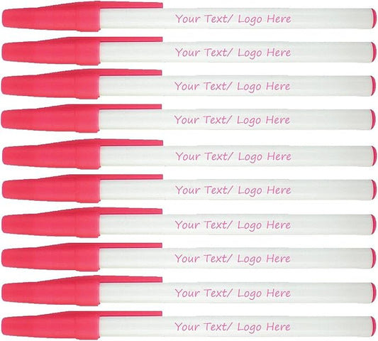 Personalized Stick Pens With your Custom Logo or Text-500 Pack Bulk-for Businesses, Parties, and Events, Custom Printed Slim Ballpoint Pens with Cap, Pink, Black Ink