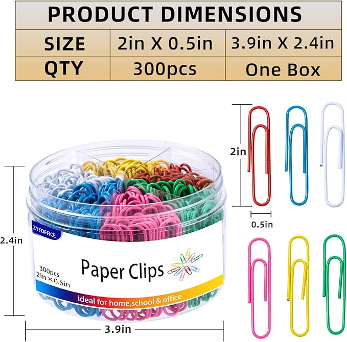 Colored Jumbo Paper Clips, 300pcs 2 Inch (50 mm) Paper Clip Paperclips Colorful Clips for Paperwork Ideal for Home, School and Office Use Colored (Colorful, 2 Inch)