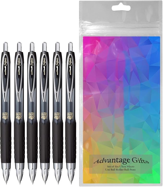 Signo 207 Roller Ball Retractable Gel Pens, Ultra Micro Point (0.38mm), Black Ink, 6 Count, Bundle with Plastic Reusable Pouch