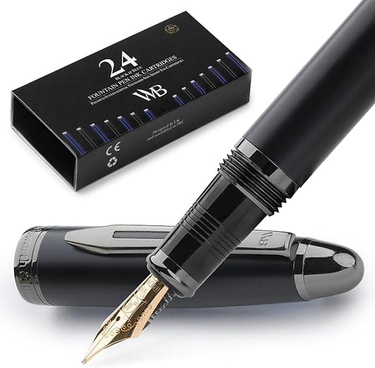 Wordsworth & Black Majesti Fountain Pen-(Black), Luxury Case, 24K Gold Finish; 18K Gilded Medium Nib- Ink Cartridges, Refillable Ink Converter-Calligraphy Pen-Best Business Gift Set for Men & Women
