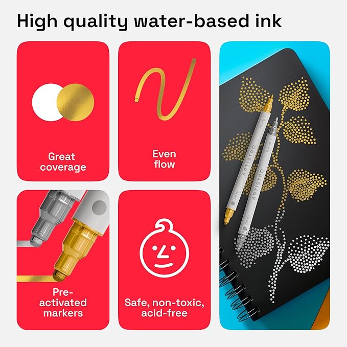 ARTISTRO 2 Silver&Gold Dual-Tip Acrylic Paint Pens - Multisurface Markers for Fabric, Plastic, & More, 5mm Dot + 1mm Fine Tips