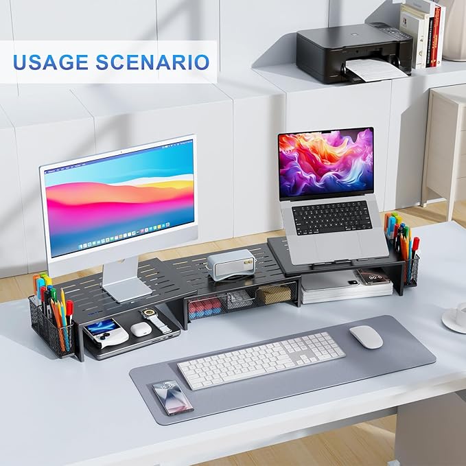 gianotter Computer Dual Monitor Stand Riser For Desk, Desk Organizers And Accessories With Drawer And 2 Pen Holder For Office, Home, School Supplies (Black)