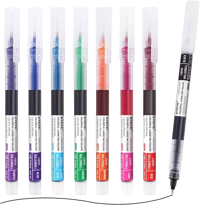 EYEYE 8 Assorted Colors 1.0mm Rollerball Pens, Multicolor Bold Point Pen Quick Dry, Liquid Ink Pen Fine Point Smooth Writing Pens for Journaling, Note Taking, Office, School, Doodling & Gifts