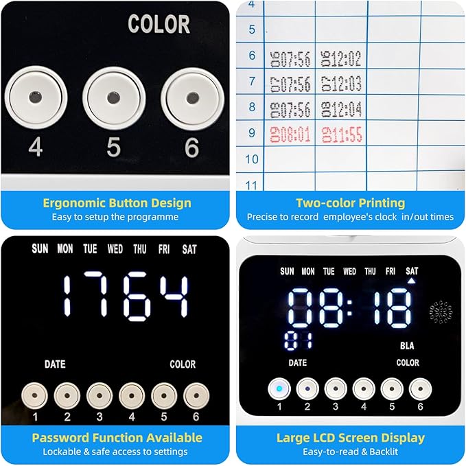 Time Clock with Passcode, Auto-Align Time Clocks for Small Business, Time Clock Punch Machine with 50-Piece Time Cards, and One Ink Ribbon Cartridge