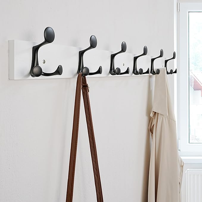 SKOLOO 39-Inch White Wood Coat Rack Wall Mount with 6 Triple Hooks - Ideal for Family Entrances, Classrooms, and Pet Supplies Storage - Perfect Coat Hooks for Wall, Pack of 2