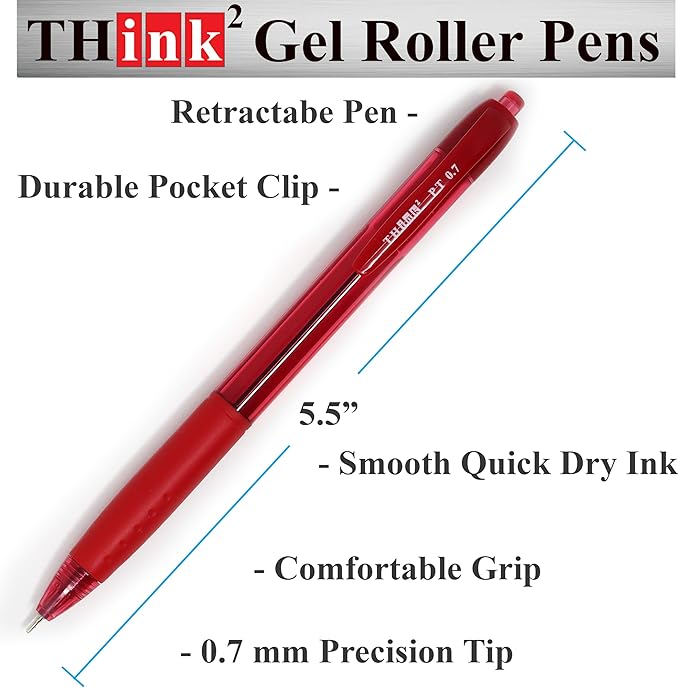 THINK2MASTER [24 Pens - Red Ink Think2 0.7mm Precision Tip Gel Pens. (24 Red) Fine Point Small Rollerball Pens with Smooth Quick Drying Ink.